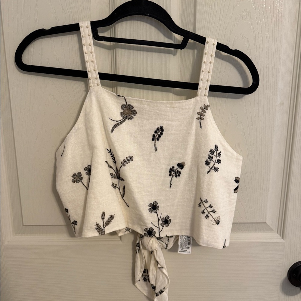 Zara Embroidered Linen Tie-Back Crop Top